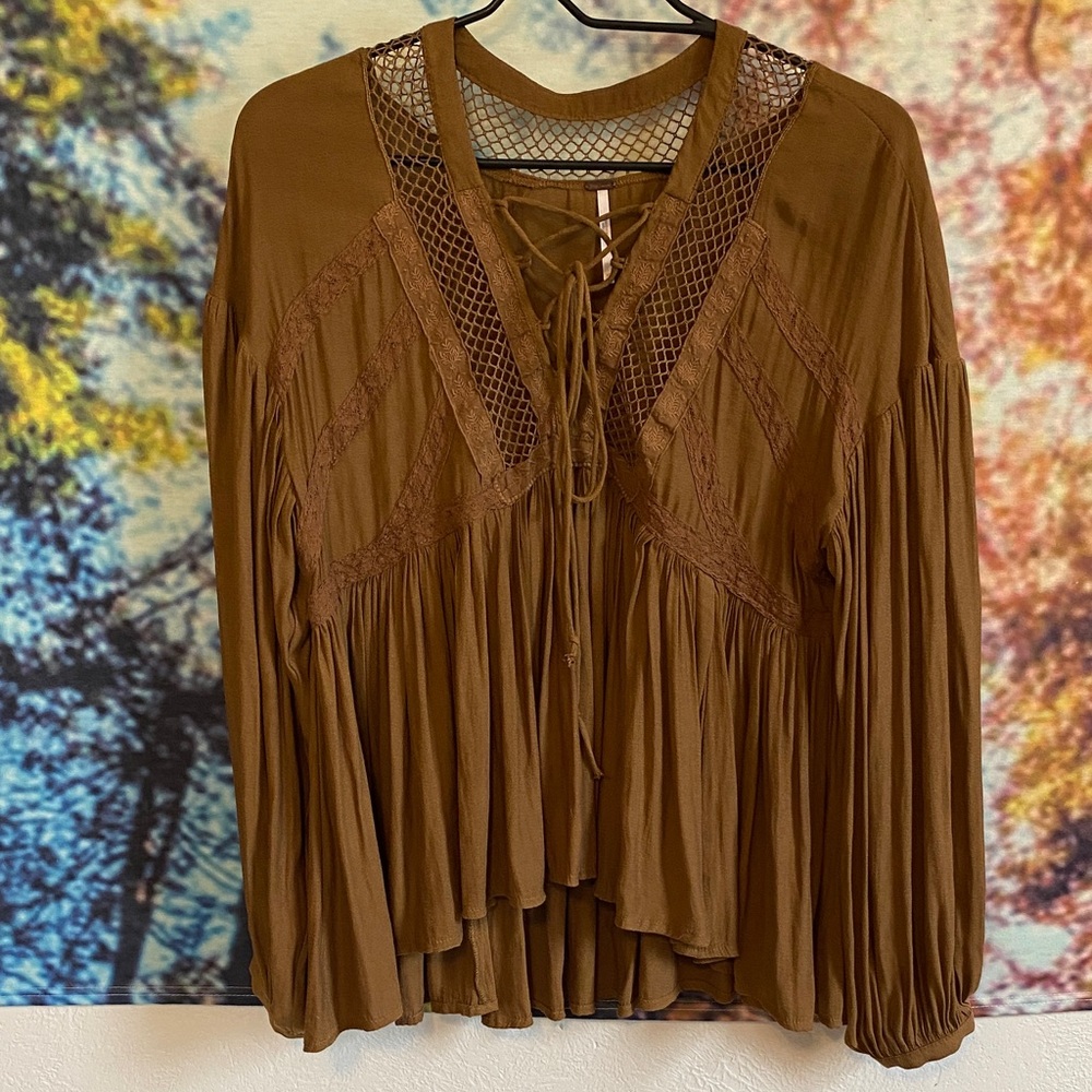 Free People Brown flowy boho oversized Lace-Up Blouse